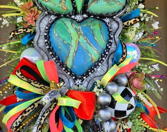 Large Turquoise Sacred Heart Door Hanger | Southwest Fiesta Wreath | Handcrafted Front Door Decor | Talavera Inspired | Colorful Artisan Dec