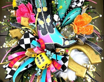 Cowboy Boot Turquoise Wreath, Western Glam Decor, Statement Door Swag