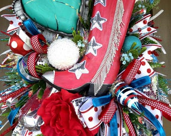 DELUXE Turquoise Glam Cowgirl boot Wreath, Western Glam Decor, Statement Door Swag