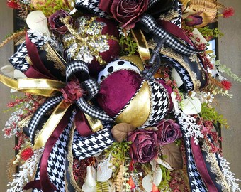 Glam Pumpkin Fall Wreath: Burgundy Houndstooth Door Decor