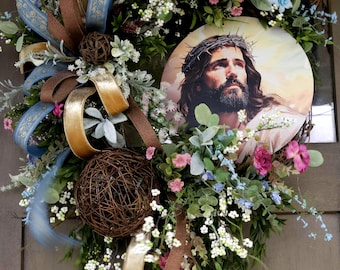 Boho Jesus with the thorned Crown wreath, Easter decor, Christian decor