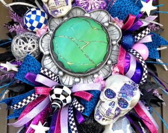 Turquoise Skull wreath: Glam Halloween Wreath, Bling Decor, western decor