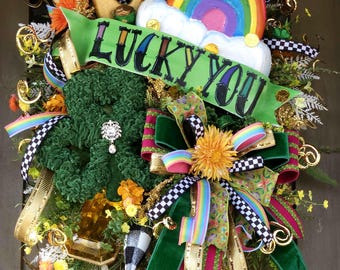 St.Patricks day Wreath, 4 leaf clover, Rainbow wreath