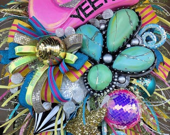 Pink Yee Haw Door Hanger | Turquoise Western Wreath | Disco Cowgirl Decor | Barbie Cowgirl Door Hanger | Pink Cowboy Hat Decor | Summer Fron
