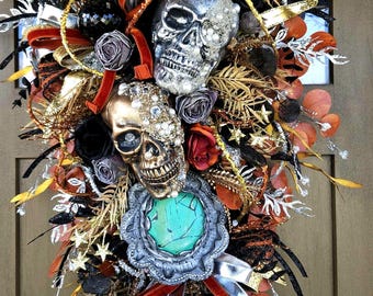 Turquoise Skull Swag: Glam Halloween Wreath, Bling Decor