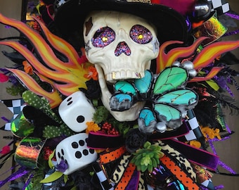 Ghirlanda di teschi per Halloween, decorazioni western turchesi, ghirlanda di cowgirl per Halloween, appendi porta a forma di scheletro, decorazioni western spettrali, ghirlanda autunnale gotica