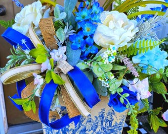 Blue and cream Toile Floral Arrangement: mother's day gift