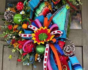 Turquoise Serape Wreath, Festive Fiesta Decor, Cinco de Mayo Accent