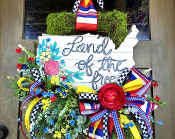 Land of the Free Handpainted sign Wreath, USA Front Door Decor, Moss Base Patriotic Wreath