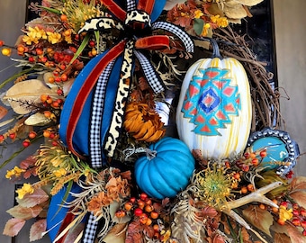 Southwestern Fall Pumpkin Wreath | Turquoise Pumpkin Door Hanger | Rustic Autumn Front Door Decor | Boho Western Harvest Wreath | Artisian