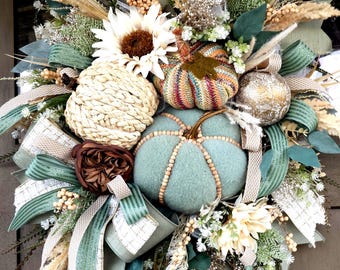 Boho Sage Green Fall Wreath: Neutral Pampas Grass Door Decor