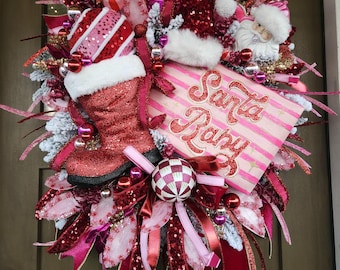 SANTA BABY Pink and red wreath, christmas whimsical wreath