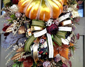 Luxury Fall Pumpkin Door Swag | Gold Pumpkin Front Door Decor | Elegant Autumn Floral Swag | Thanksgiving Porch Decoration | Farmhouse Fall
