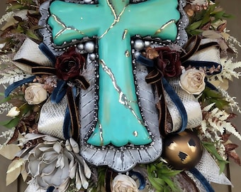 Turquoise Cross Wreath | Western Cross Door Hanger | Rustic Farmhouse Christian Decor | Elegant Front Door Wreath | Year Round Turquoise