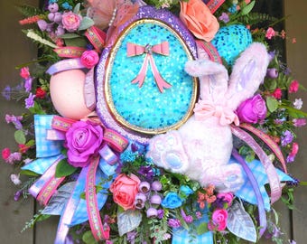 Sequin Floral Easter Egg Wreath with Pink Bunny, Spring Decor