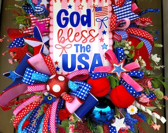 God Bless America Wreath, Red, White, Blue and Pink,USA Front Door Decor