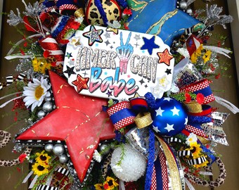 DELUXE Turquoise Star American Babe Patriotic wreath, leopard print wreath, western glam Decor