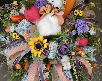 Country Bunny Wreath, Spring Farmhouse Decor with Chicken Wire Accents