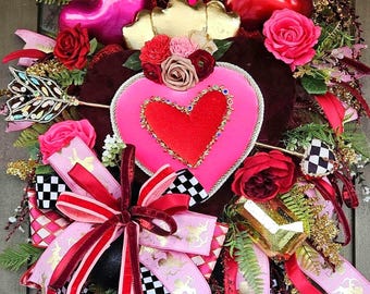 Flaming heart Valentines wreath, big heart wreath, heart and arrow wreath, checkered wreath