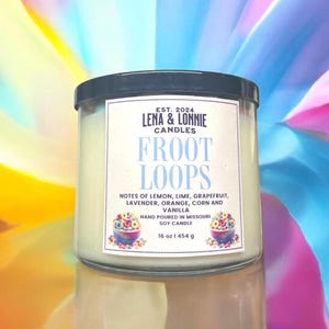 Froot Loops Candle or Wax Melts (4oz - 16oz): Handmade Soy, Sweet Fruity Breakfast Dessert with Cereal Hoops