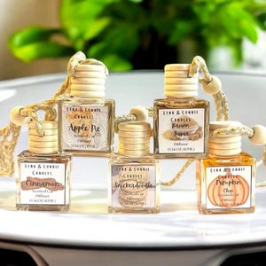 May include: Five small glass bottles with wooden tops and string hangers. Each bottle contains a scented car diffuser with a different autumn-inspired scent: Apple Pie, Cinnamon, Snickerdoodle, Brown Sugar, and Pumpkin Chai. The bottles are arranged on a white surface.