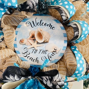 Handmade Coastal Beach Wreath Nautical Burlap and Blue Ribbon Welcome Decor