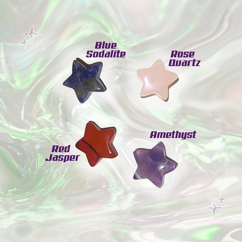 May include: Four star-shaped gemstones: blue sodalite, rose quartz, red jasper, and amethyst. Each stone is labeled with its name in white text. The background has a pearlescent, swirling effect.
