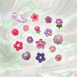 Adornos para zuecos con flores en tonos pastel de color rosa y morado