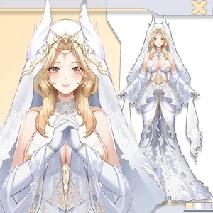 May include: Digital illustration of a woman in a white wedding dress and veil. The dress has detailed lace and gold accents. The woman has blonde hair and wears a headpiece with feather details.