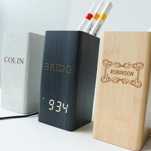Personalized Desk Organizer Wooden Pen Holder,Custom Pen Holder With Clock,Teacher Appreciation Gift,Fathers day Pen Holder.