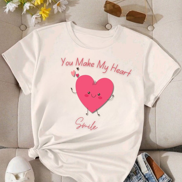 Heart Smile t-shirts, Women's t-shirts, Love-inspired tees, Romantic tops for women, Cute tees, Thoughtful gifts for her, Happy vibes shirt