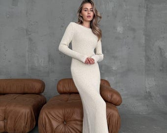 Gray Knit Maxi Dress With Thumb Holes | Avant-garde Long Sleeve - Etsy