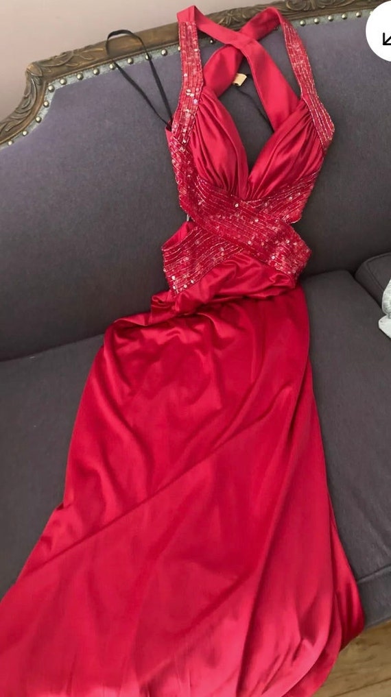 Red Silk Long Gown Dress Open Back Sequens