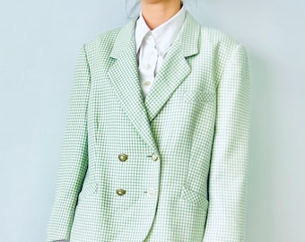 Vintage Mint Blue Wool And Silk Women Houndstooth Blazer Size L