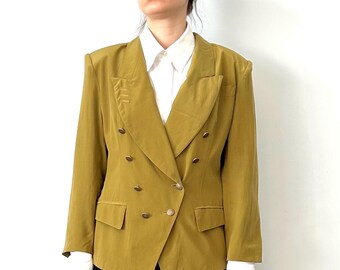 Gil Bret Vintage Silk Olive Green Women Double Breasted Blazer Size M