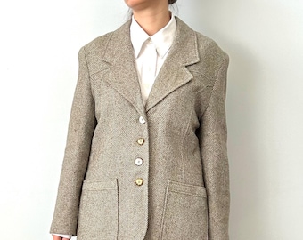 Vintage Wool And Silk Beige Brown Women Herringbone Tweed Blazer Size M