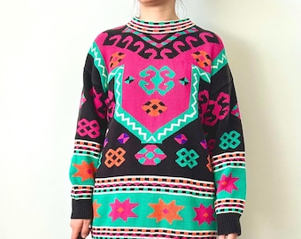 Vintage Multicolor Oversized Women Pullover Sweater With Geometric Pattern Size M