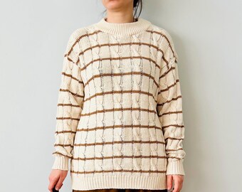 Vintage Cream Striped Cotton Oversized Unisex Pullover Sweater Size L