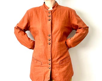 Vintage Mandarin Style Linen And Cotton Women Jacket Size L