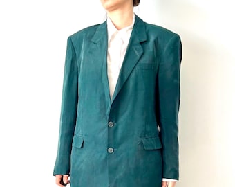90s Vintage Silk Blazer | Large Men’s Unisex Deep Teal Oversized Boxy Emerald Forest Green