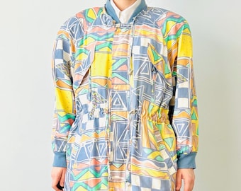 Peter Hahn Vintage Silk Multicolor Women Oversized Jacket With Geometric Print Size M