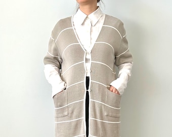 Marimekko Vintage Striped Beige Women Cotton Cardigan With Half Sleeves Size M
