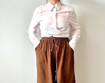Vintage Brown Viscose Women Loose Drawstring Bermuda Shorts Size M