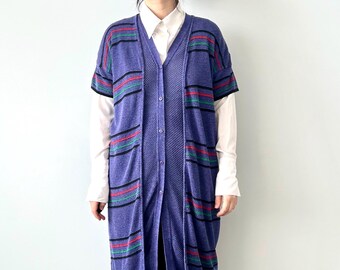 Issey Miyake Vintage Purple Striped Knit Women Cardigan With Half Sleeves Size M