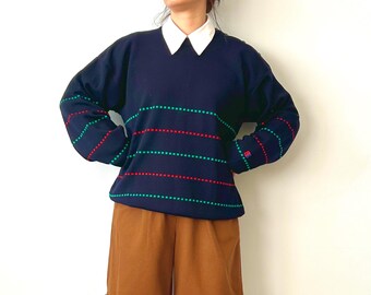 Vintage Navy Blue Thin Stripes Oversized Wool Pullover Size XL