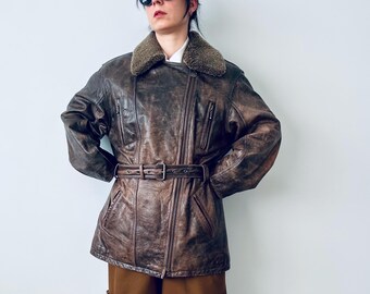 Petroff Vintage Dark Brown Unisex Leather Aviator Jacket With Belt Size L
