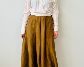 Vintage Silk Caramel Brown Women Flared Midi Skirt With Pockets Size S