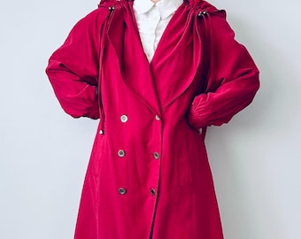Vintage Silk Raspberry Red Oversized Women Trench Coat With Hoodie Size M