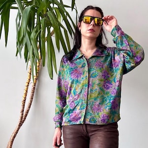 Vintage Floral Satin Blouse, Size L