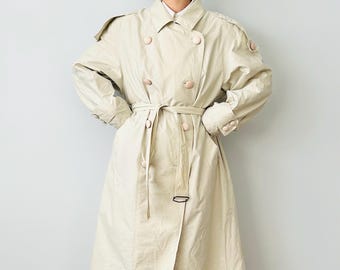 Vintage Beige Oversized Women A-Line Belted Trench Coat With Big Buttons Size L